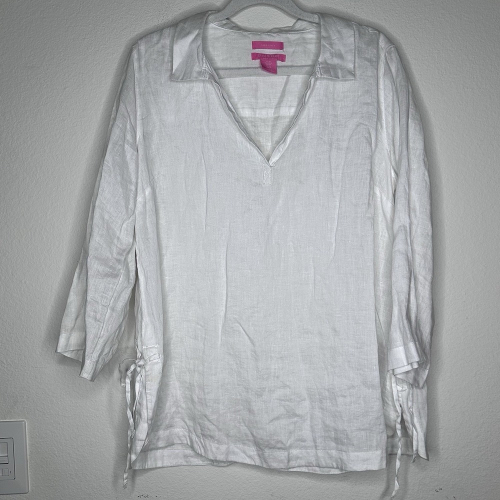 Izaac Mizrahi 100% Linen 3/4 Sleeve Popover Top Sz M Resort Vacation Side Tie